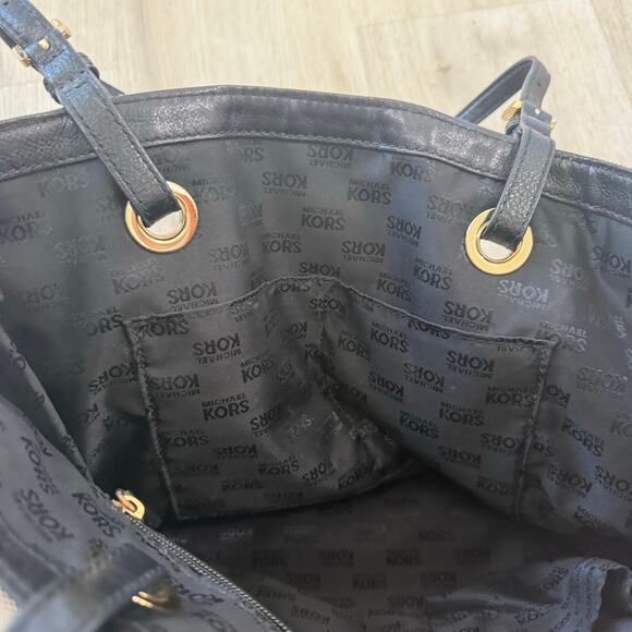 Michael Kors Jet Set Signature Monogram Canvas Tote Bag Purse Black Tan - Picture 2 of 6